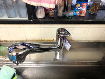 広いシンクをお使いなので、ハンドシャワー水栓に替えシンクの隅々まで洗い流せるようになりました。